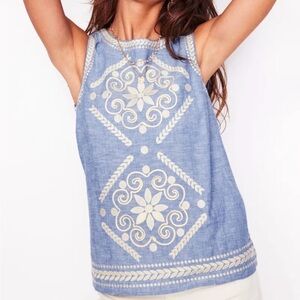 Boden top NWT Embroidered Light Blue Sleeveless Top linen blend US 14 current!